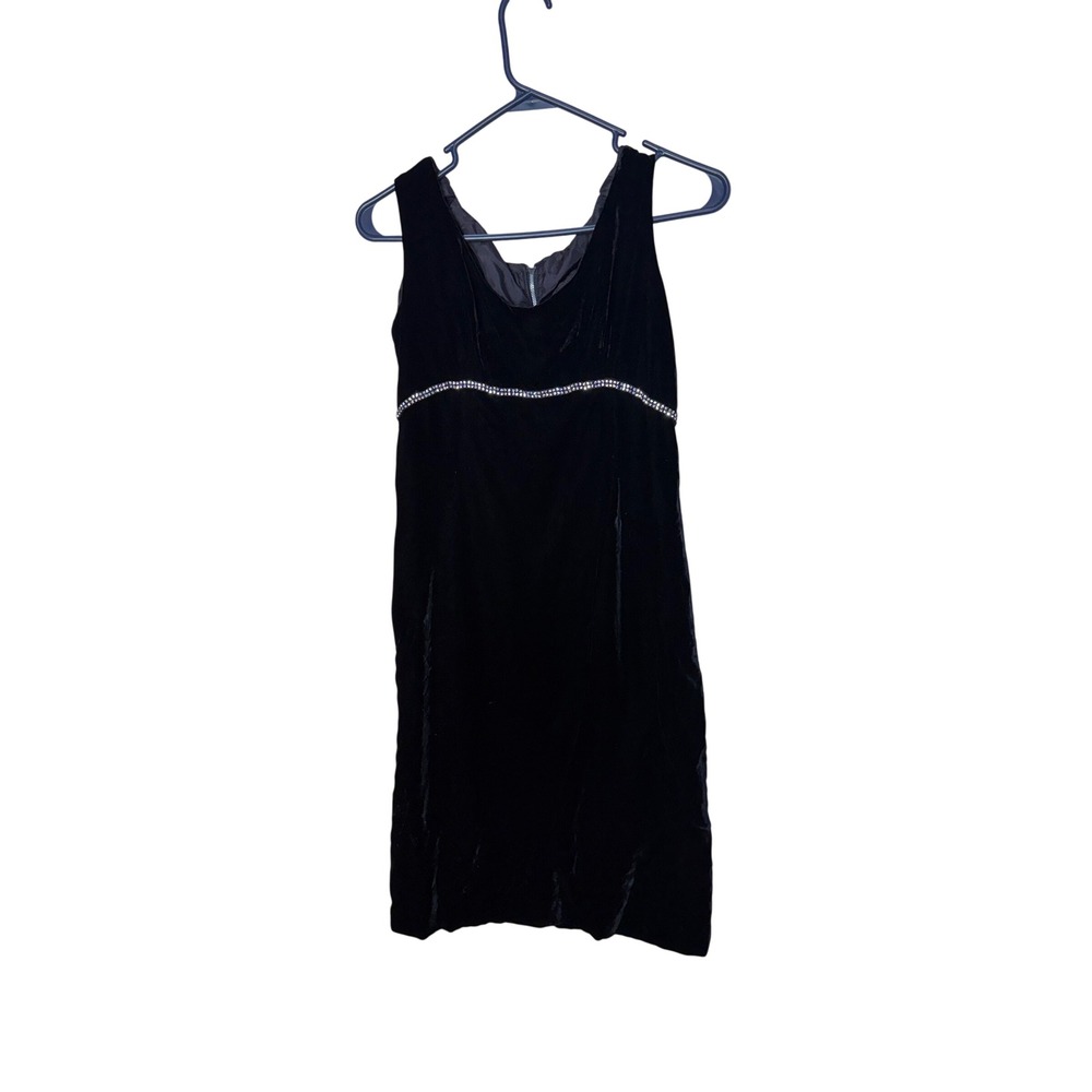 Vintage Jeunesse New York Black Velvet Rhinestone Trim Shift Dress V-Neck S